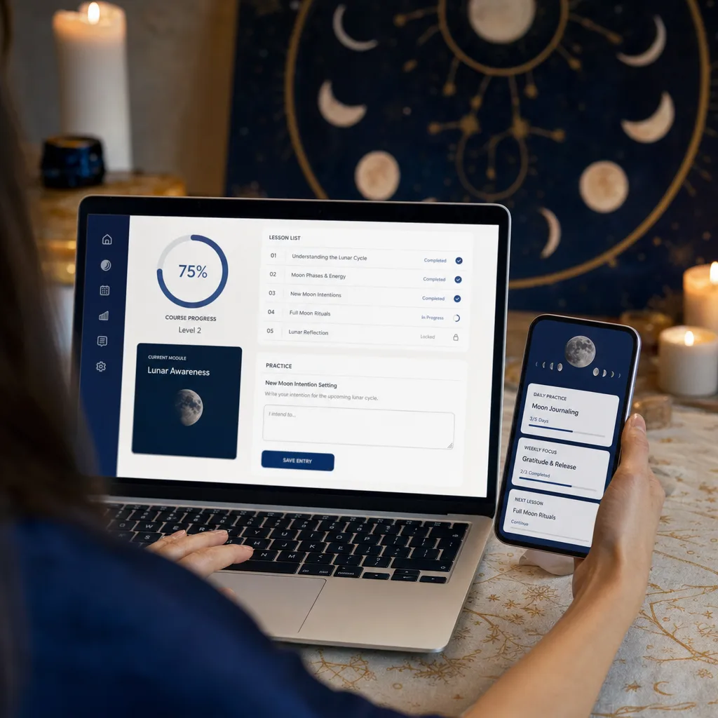 Inside the program: course dashboard with modules, lessons and reference guides